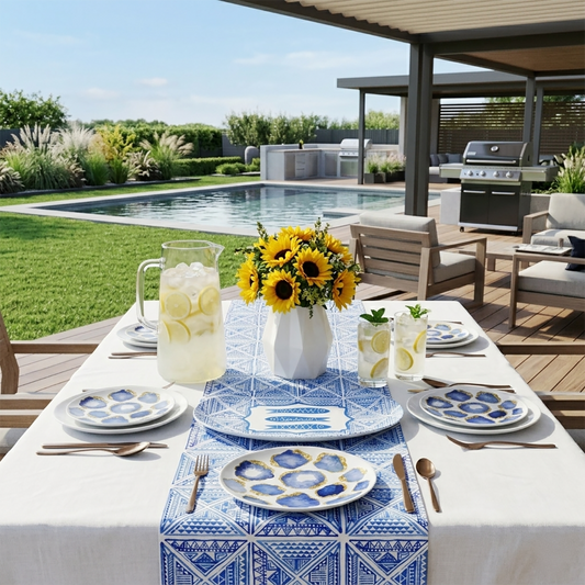 Blue & White dining table setting with sunflowers, lemonade, and a pool in the background