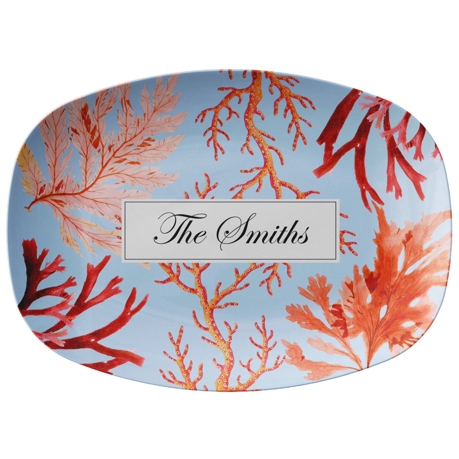 Nautical Blue Coral Reef Custom Serving Platter with coastal pink orange and red coral print, personalized gift