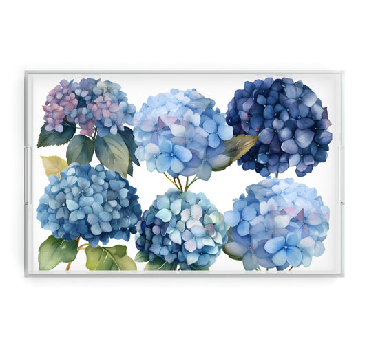 Blue floral acrylic tray is 11 x 17. Hydrangeas feature many gorgeous shades of blue.