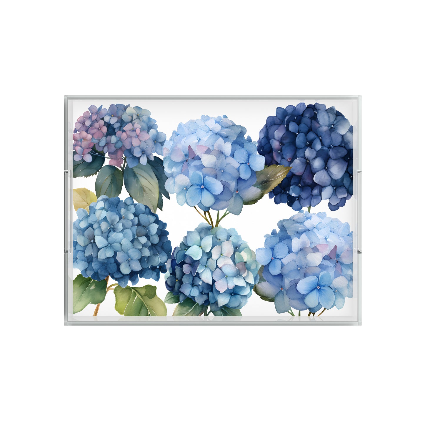 Beautiful blue hydrangeas art print acrylic tray.