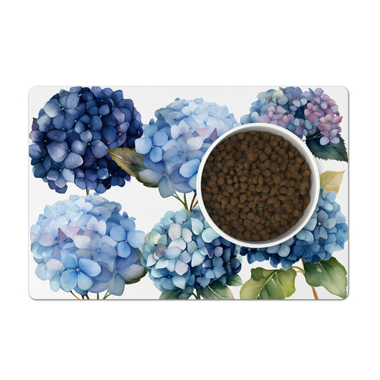 Pet bowl mat for dogs or cats with a gorgeous blue hydrangeas floral print.