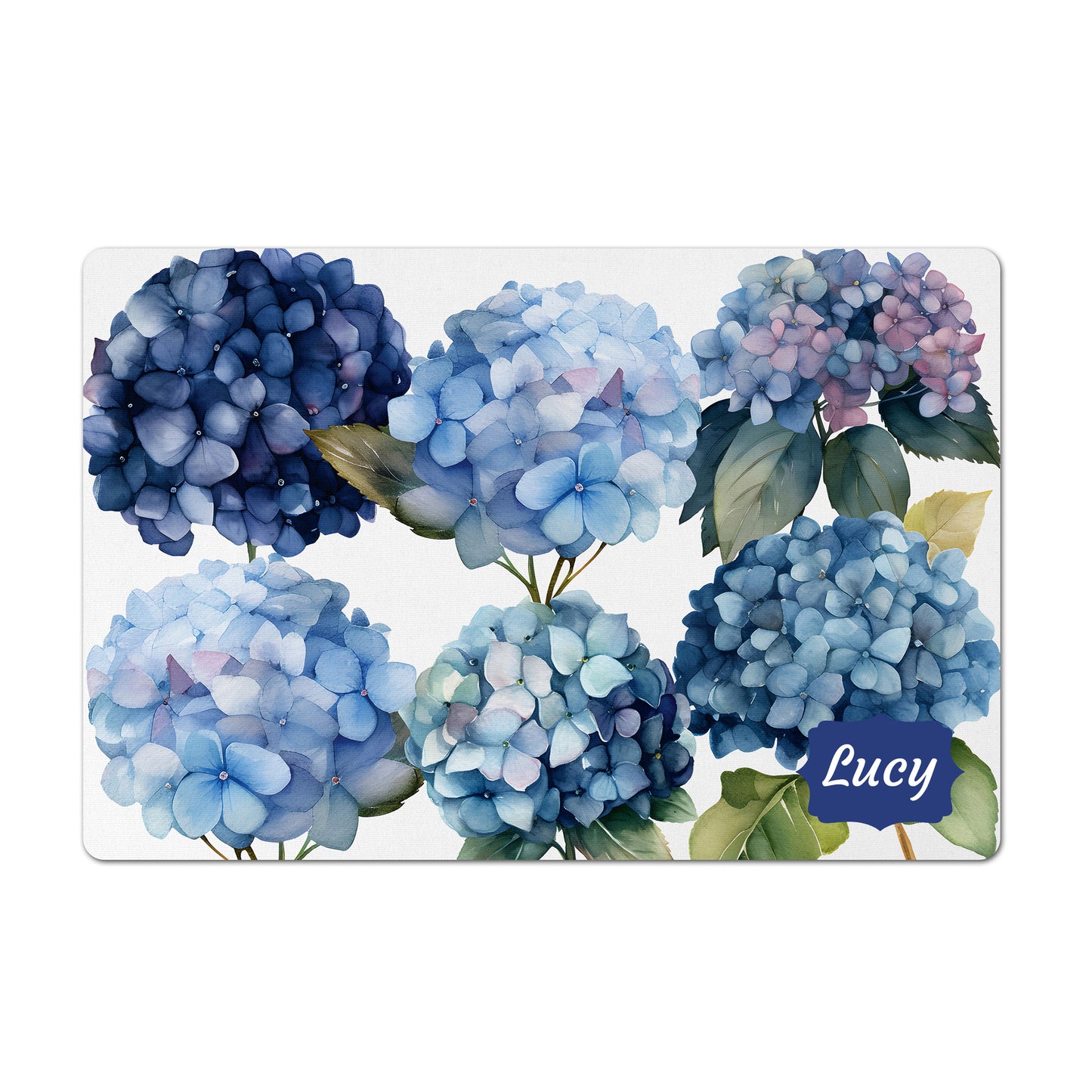 Personalized Pet Bowl Mat, Blue Hydrangea Flowers