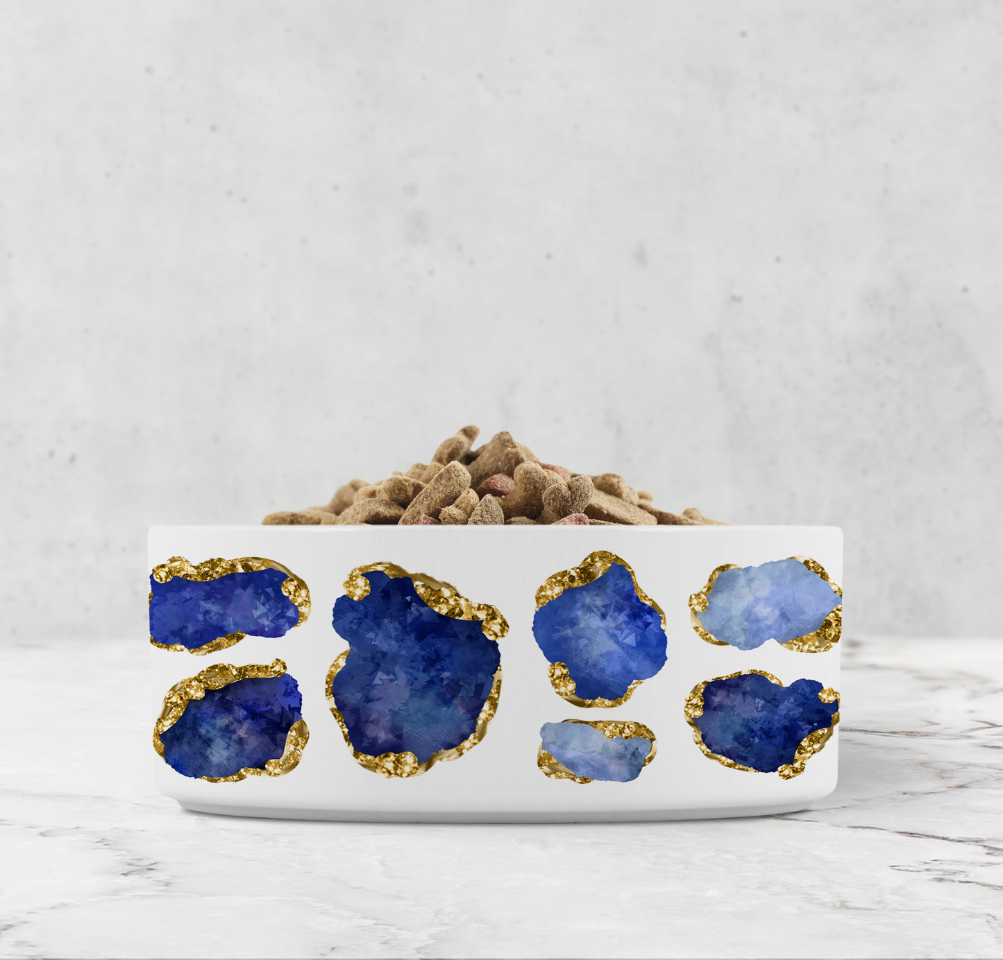 Blue and white ceramic dog bowl with sapphire jewels and god accents