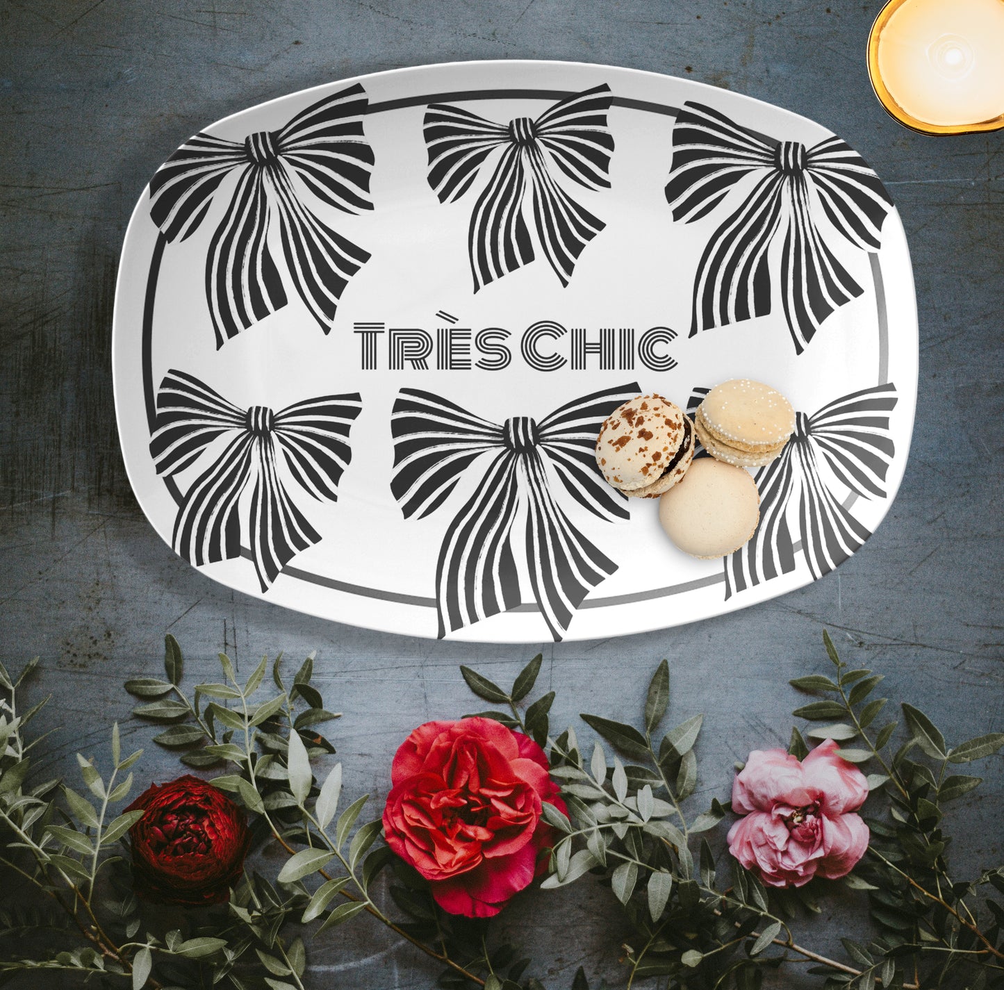 Black and White Striped Bows Tres Chic Serving Platter, Luxury Plastic