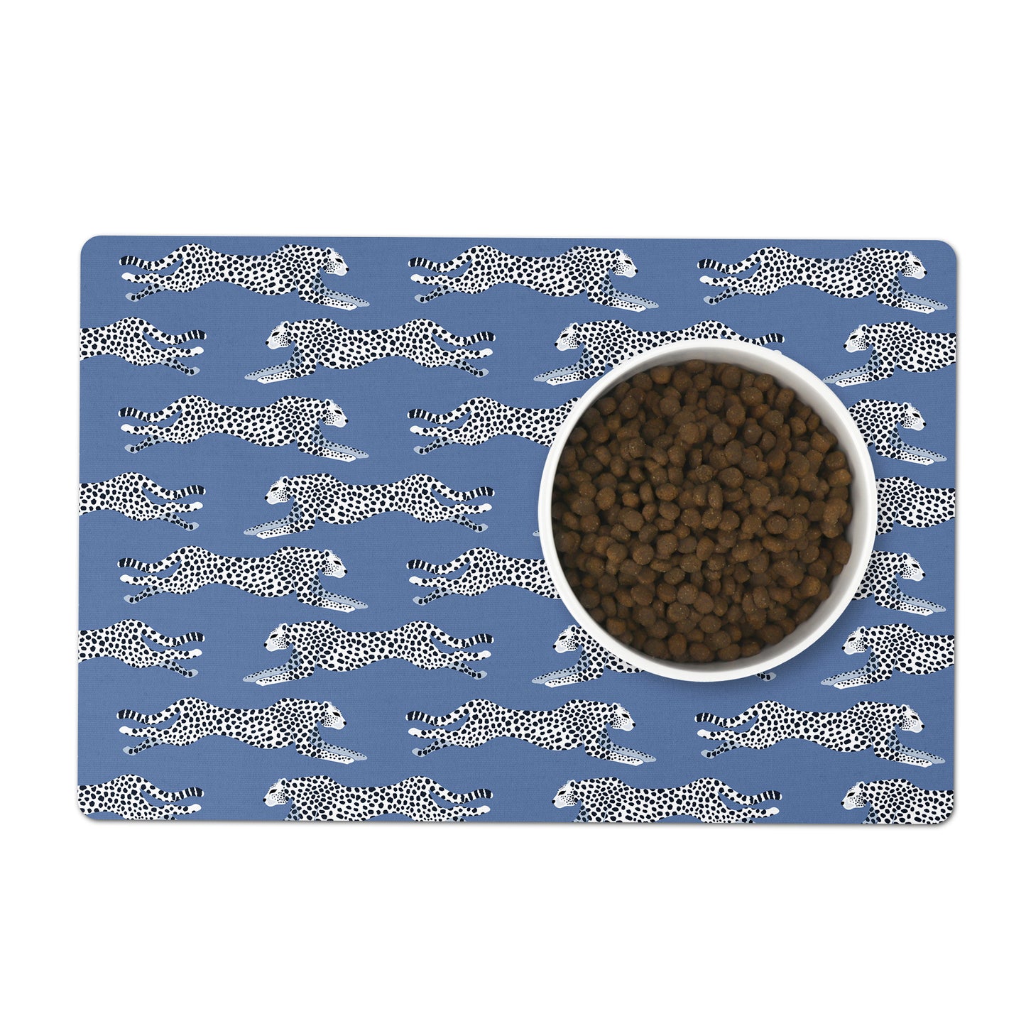 Glam cheetah print is printed on this blue pet feeding mat.