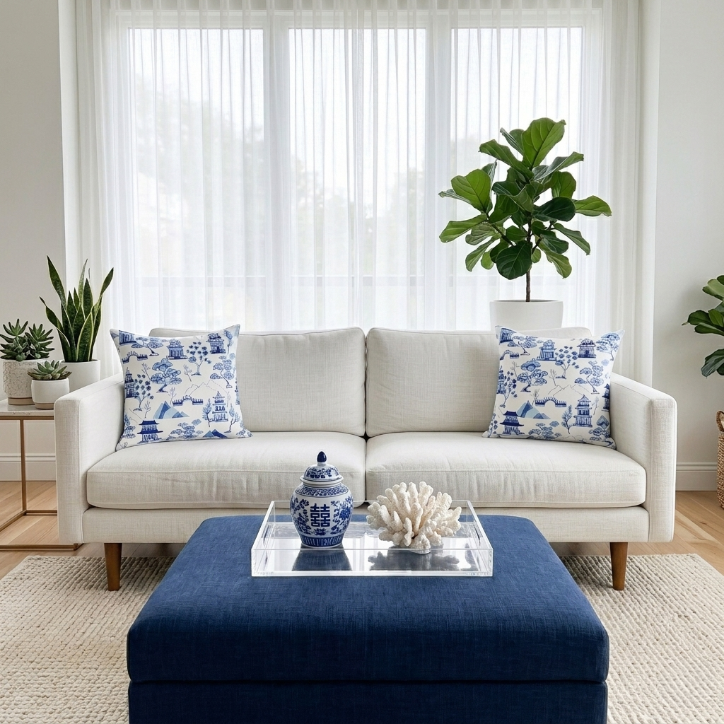 Modern living room scene showcasing a light color sofa with blue and white chinoiserie pillows and a navy blue ottoman.