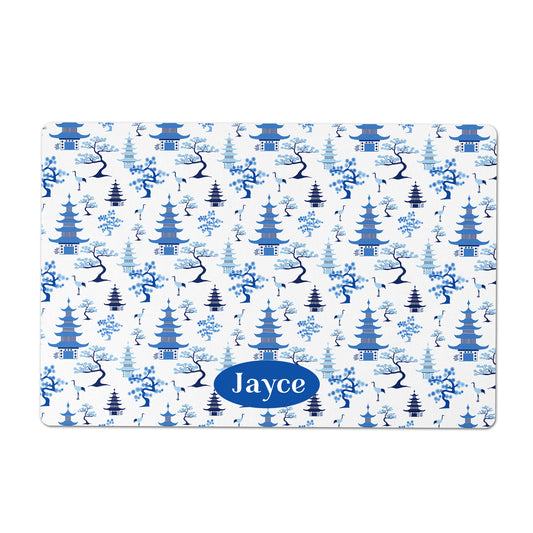 Personalized Pet Feeding Mat, Modern Chinoiserie, Blue and White