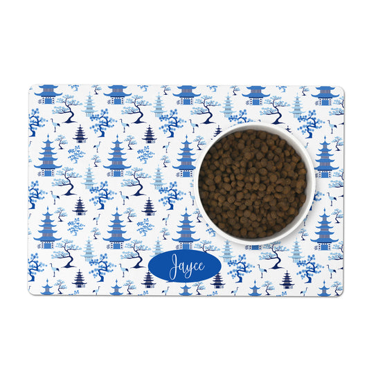 Modern chinoiserie blue and white pet feeding mat personalized with any name, word or phrase.