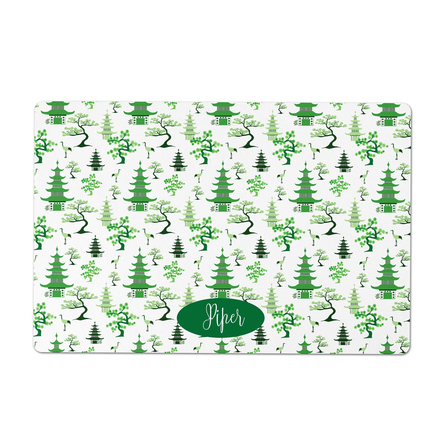 Personalized Pet Feeding Mat, Modern Chinoiserie, Green and White
