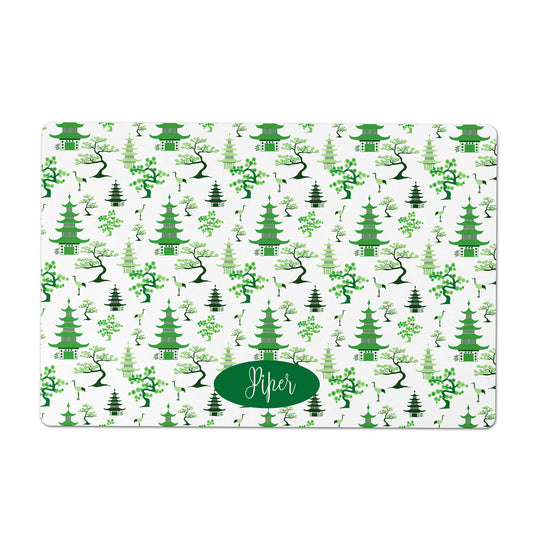 Personalized Pet Feeding Mat, Modern Chinoiserie, Green and White