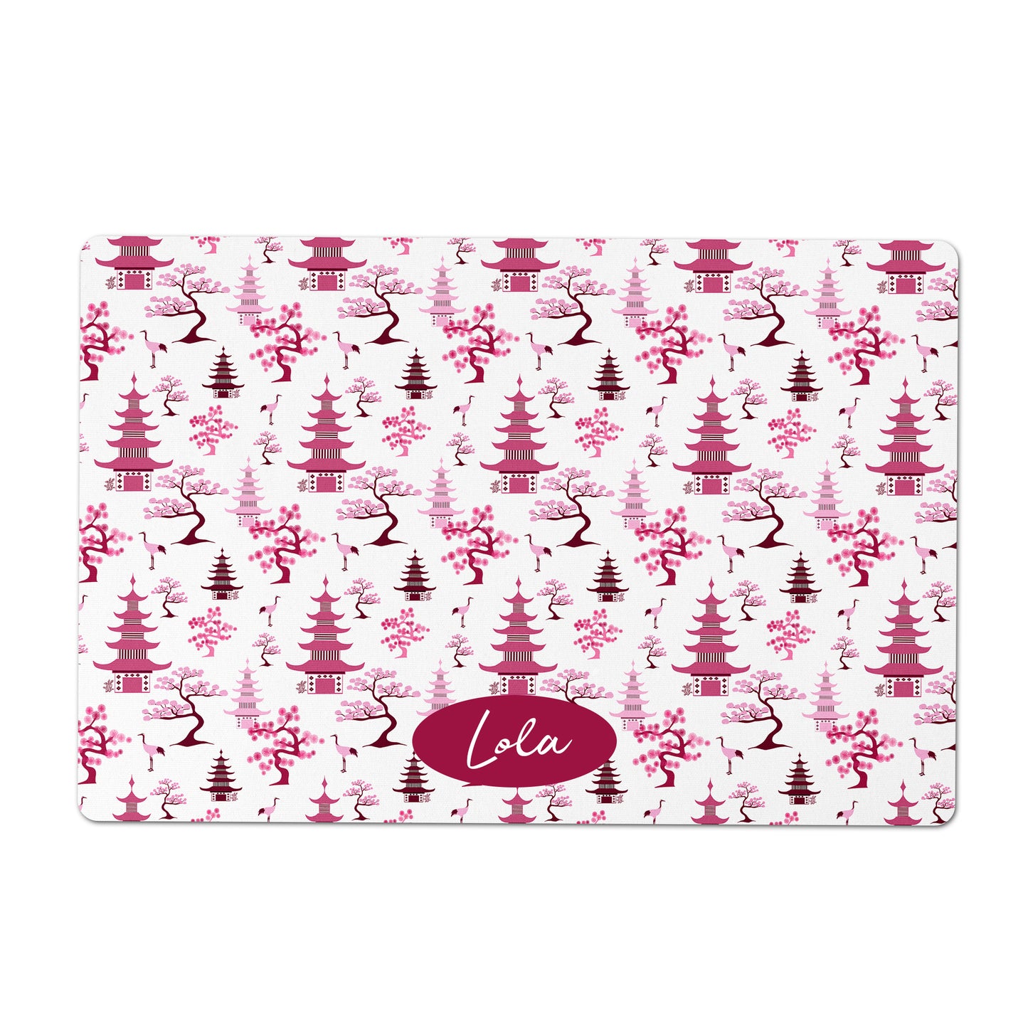 Personalized Pet Feeding Mat, Modern Chinoiserie, Pink and White