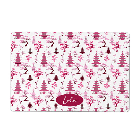 Personalized Pet Feeding Mat, Modern Chinoiserie, Pink and White