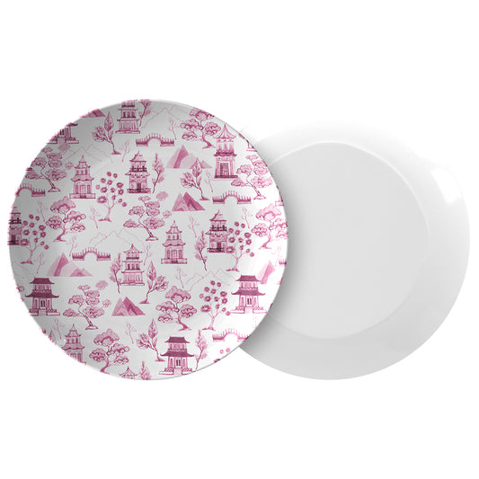 Chinoiserie Toile Dinner Plate, Pink and White, Luxury Plastic, Choose Single or Set