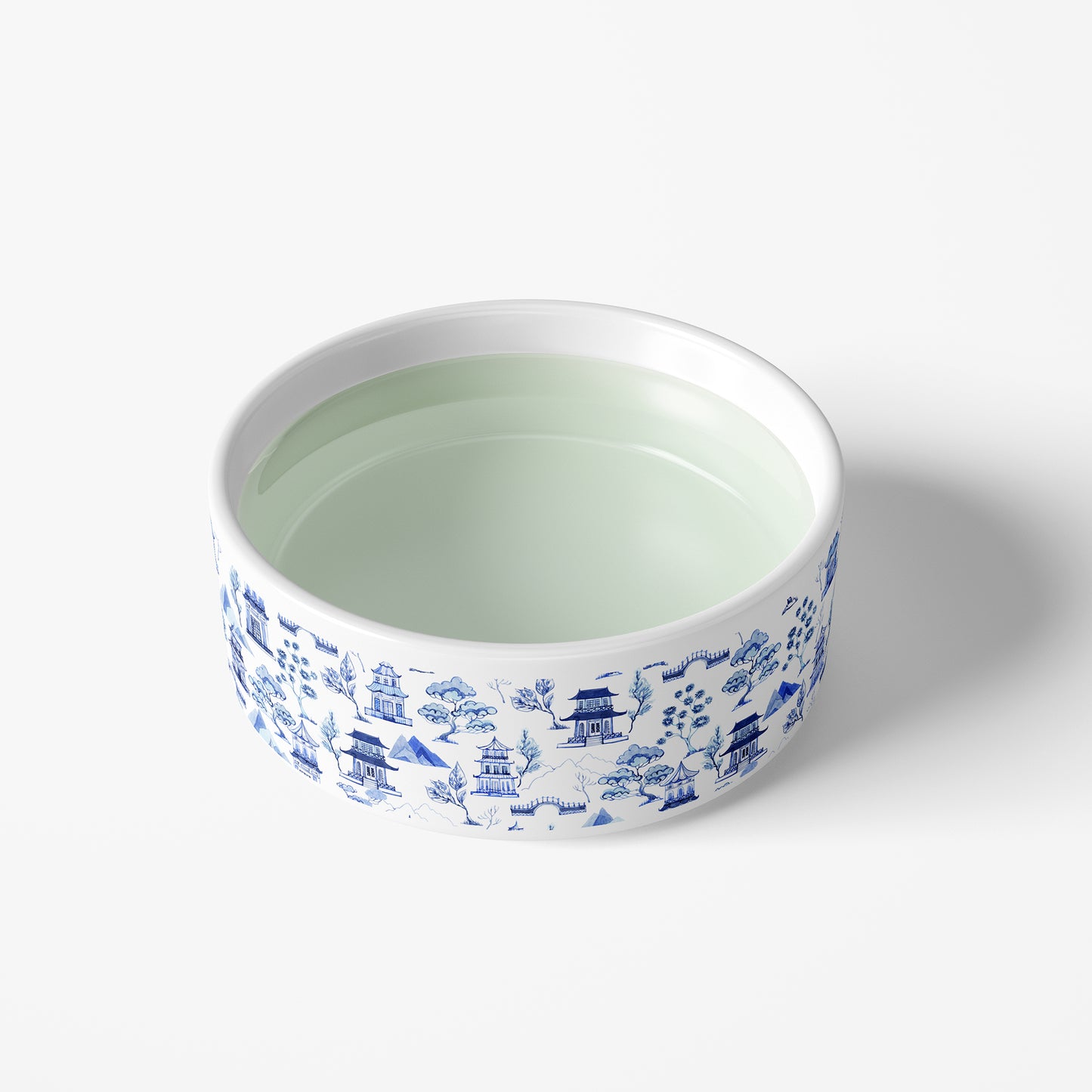 Chinoiserie Toile Pattern Pet Bowl, Ceramic, White & Blue