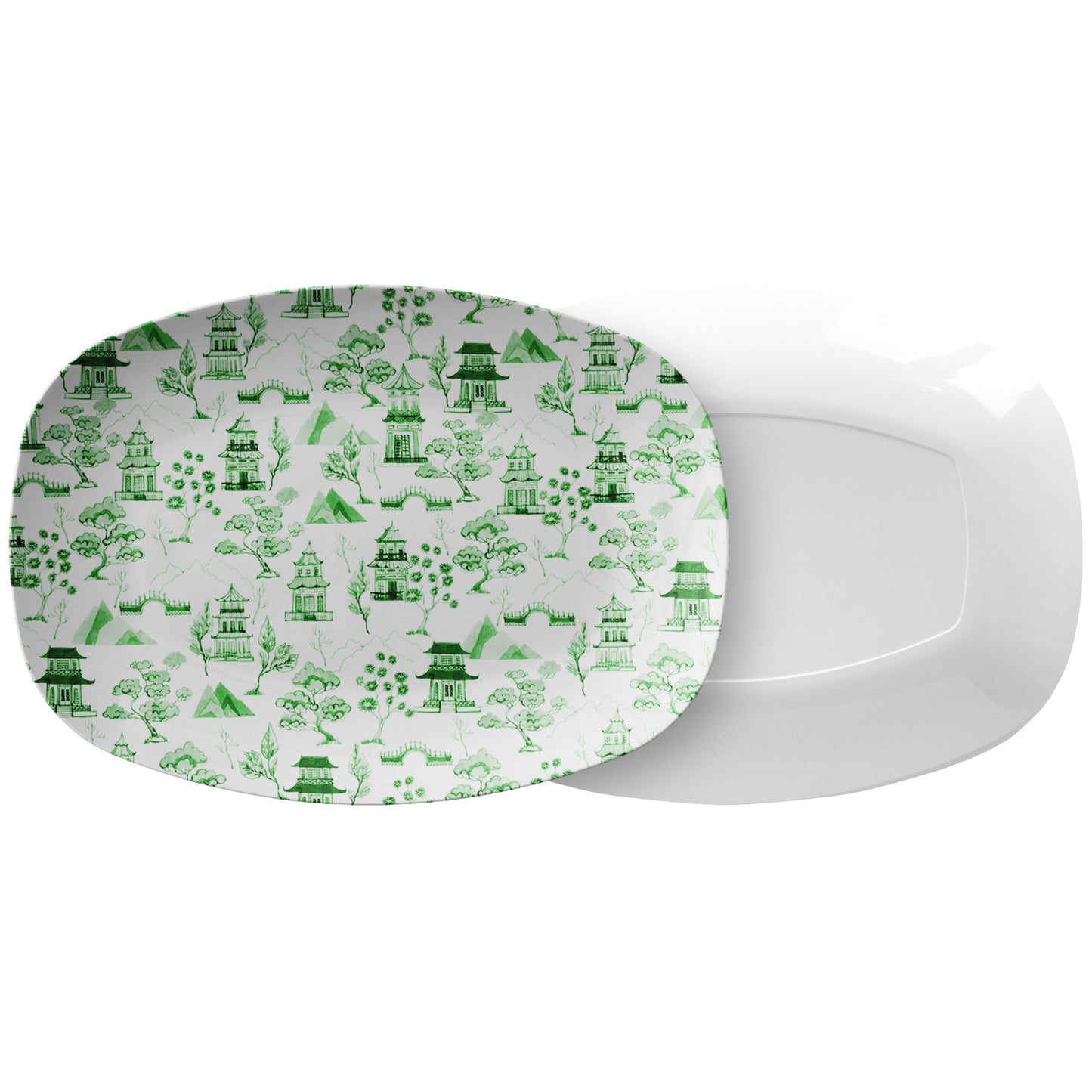 Chinoiserie Toile Serving Platter, Green and White, Luxury Plastic