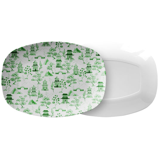 Chinoiserie Toile Serving Platter, Green and White, Luxury Plastic
