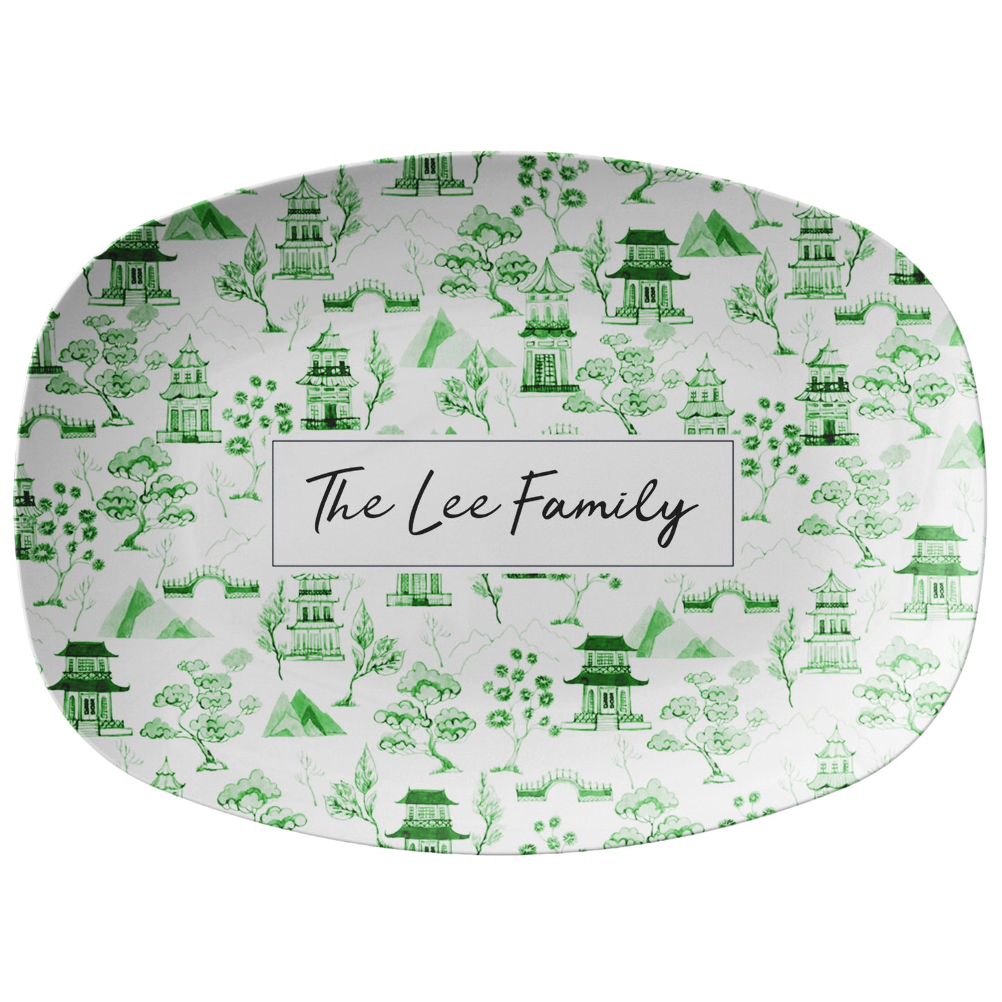 Oval platter with a chinoiserie toile pattern in green and white personalized with any name or word.