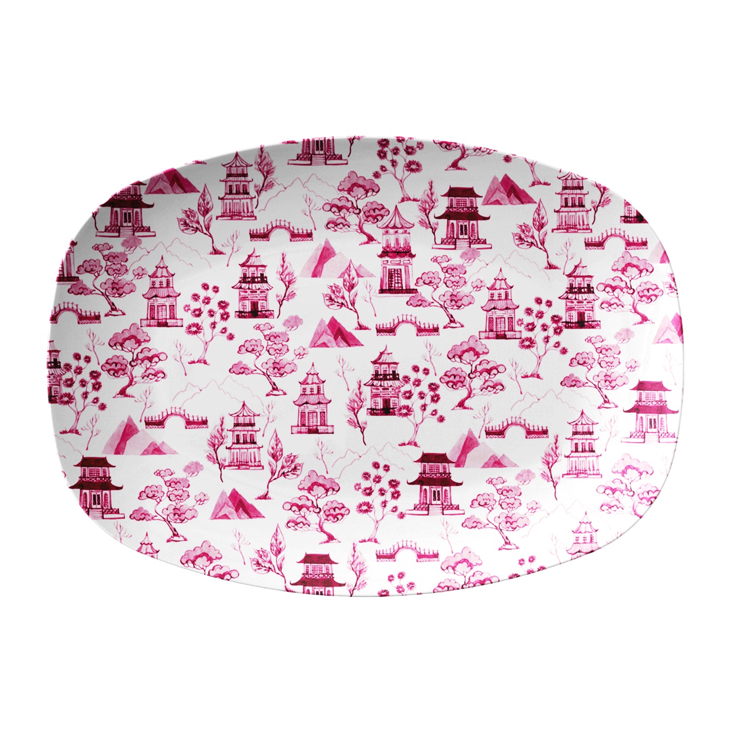 Pink chinoiserie toile pattern printed on white platter.