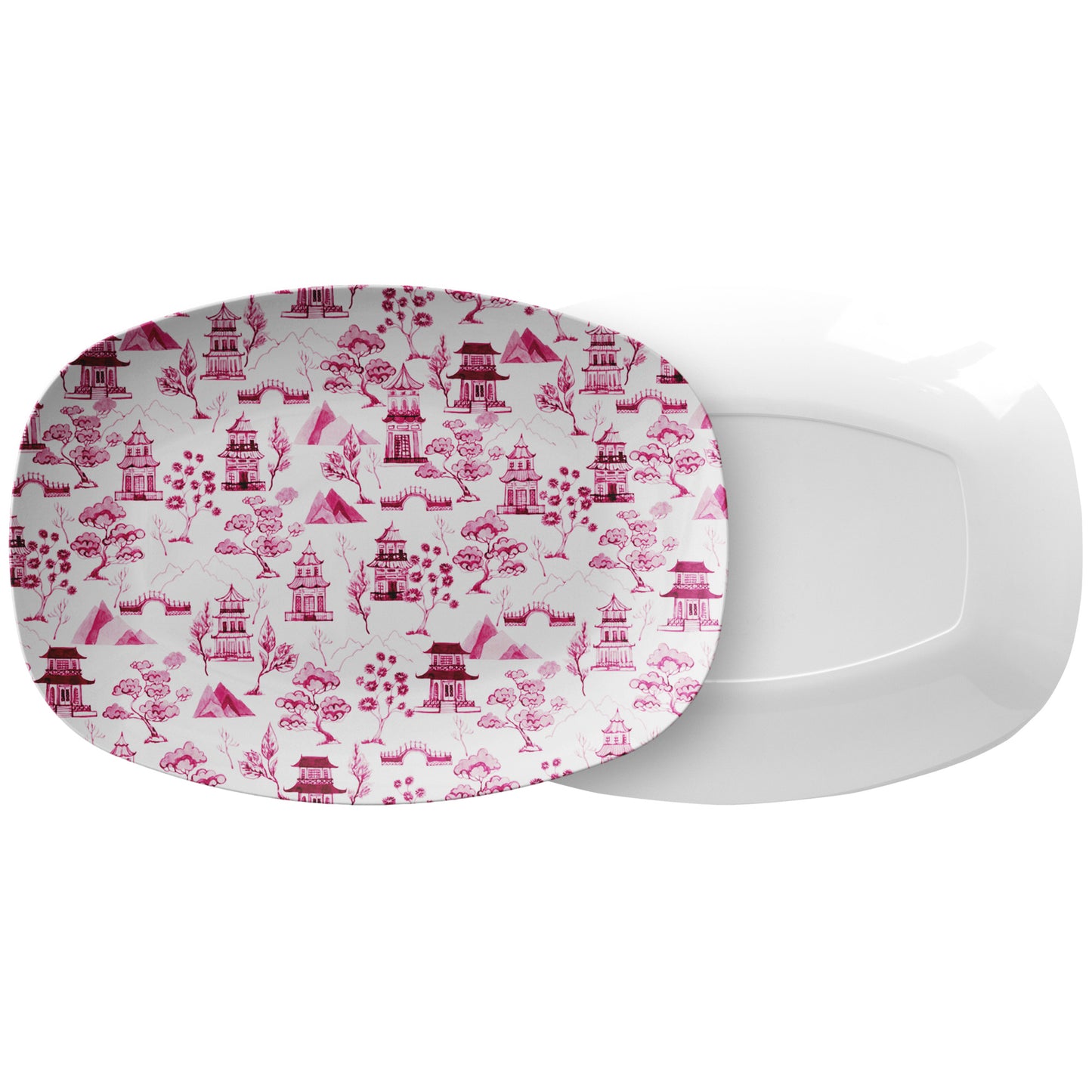 Chinoiserie Toile Serving Platter, Pink and White, Luxury Plastic