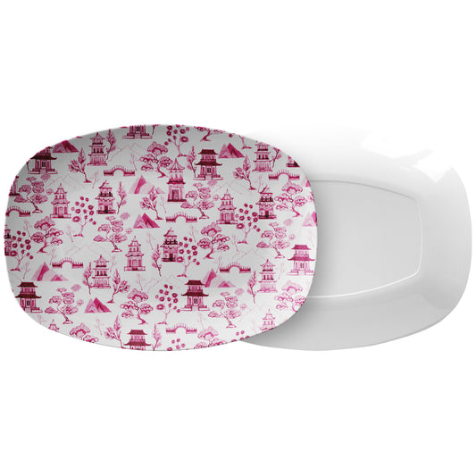 Chinoiserie Toile Serving Platter, Pink and White, Luxury Plastic