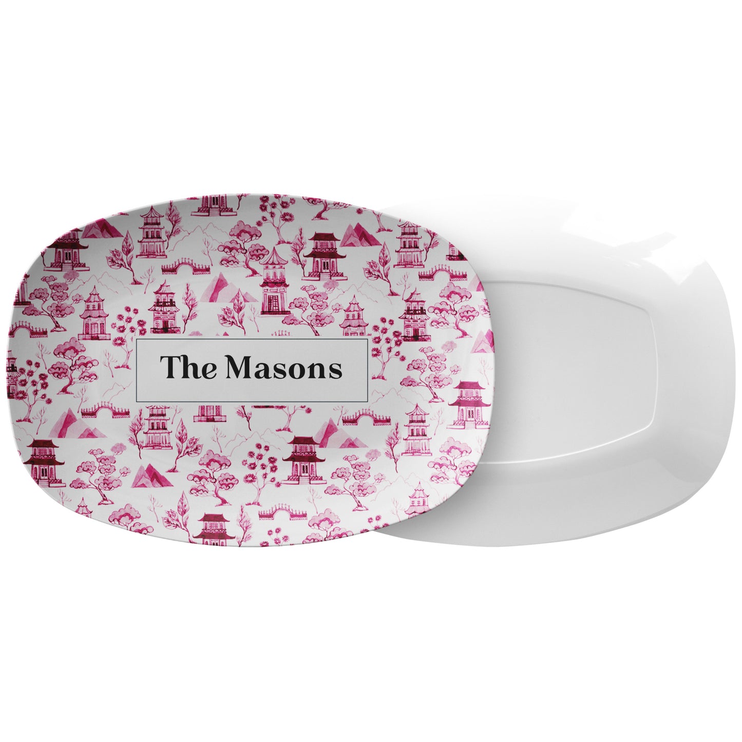 Personalized Serving Platter, Chinoiserie Toile, Pink and White, Luxury Plastic