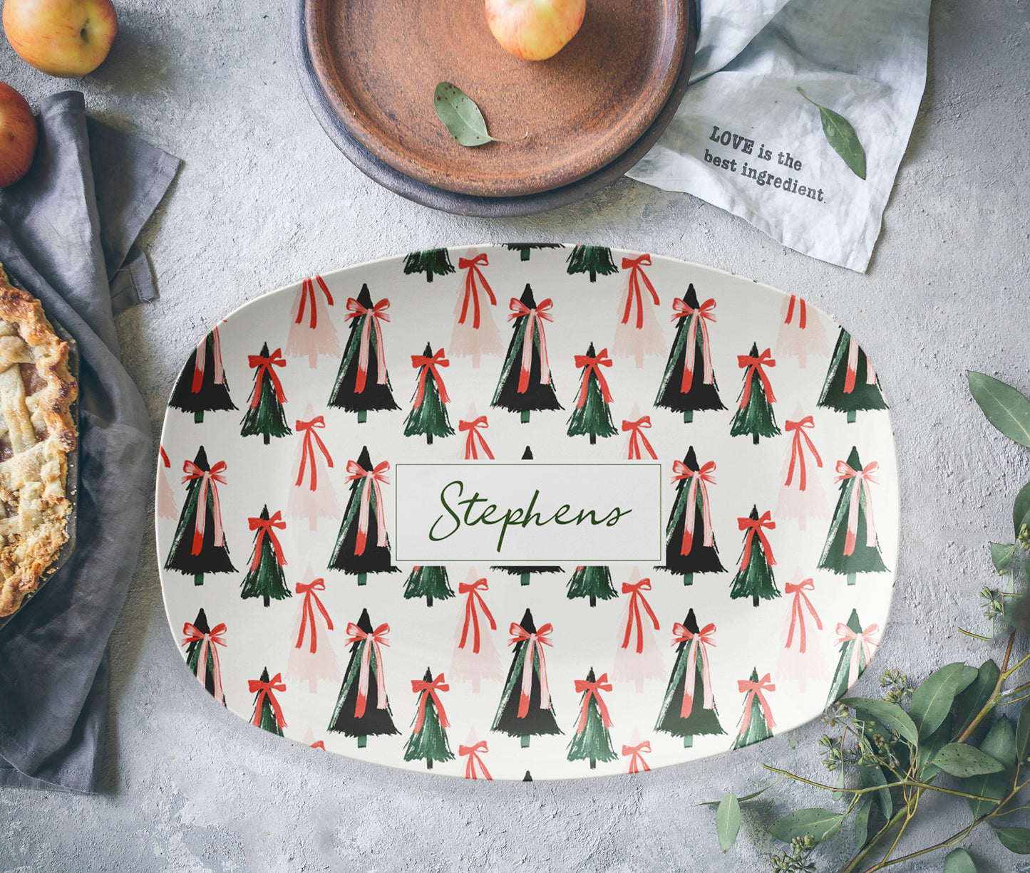Personalized Christmas Serving Platter – Modern Christmas Trees, Green & Pink, Luxury Plastic