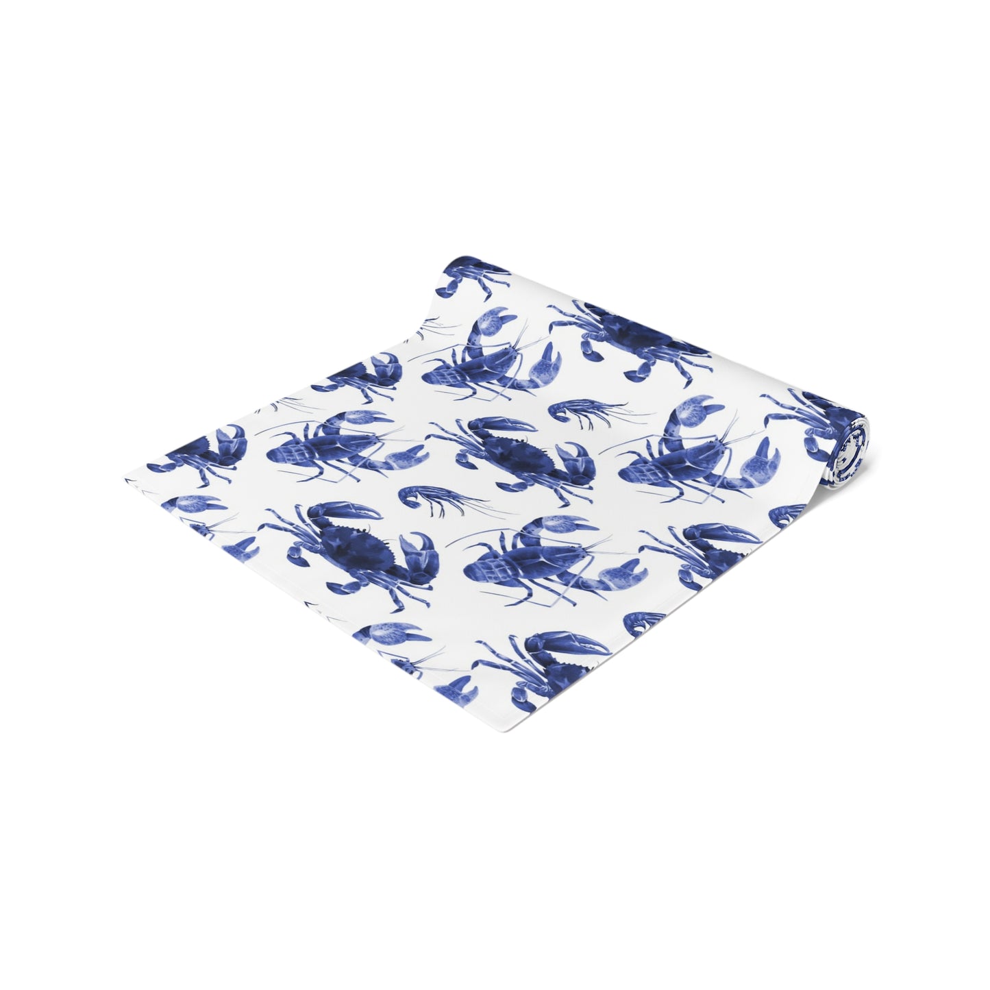 Indigo Blue & White Coastal Table Runner – Crab, Lobster & Shrimp Watercolor Print