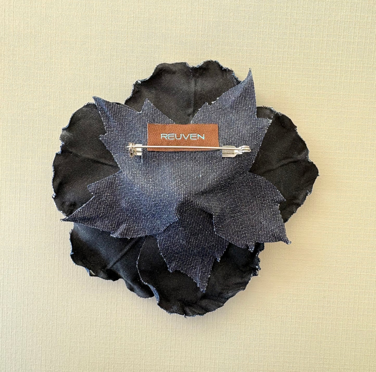 Blue Denim Flower Pin, Handmade Wild Rose Brooch, 4.5"D