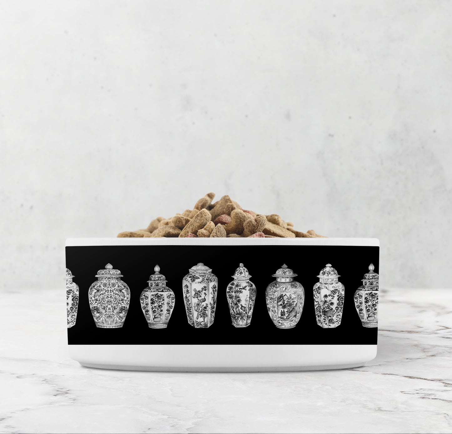 Ceramic Pet Bowl - with high gloss chinoiserie ginger jars print in black and white