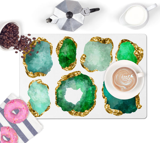 Green and gold gemstones pattern coffee bar mat. May also be used as a counter trivet, desk pad, bar mat and more.