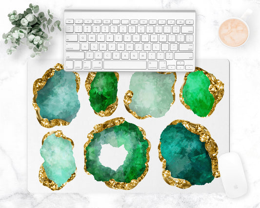 Large Gemstones Counter Mat, Desk Pad, Emerald and Gold