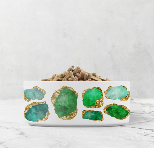 Jewel Encrusted Ceramic Pet Bowl, Emerald Green and Gold