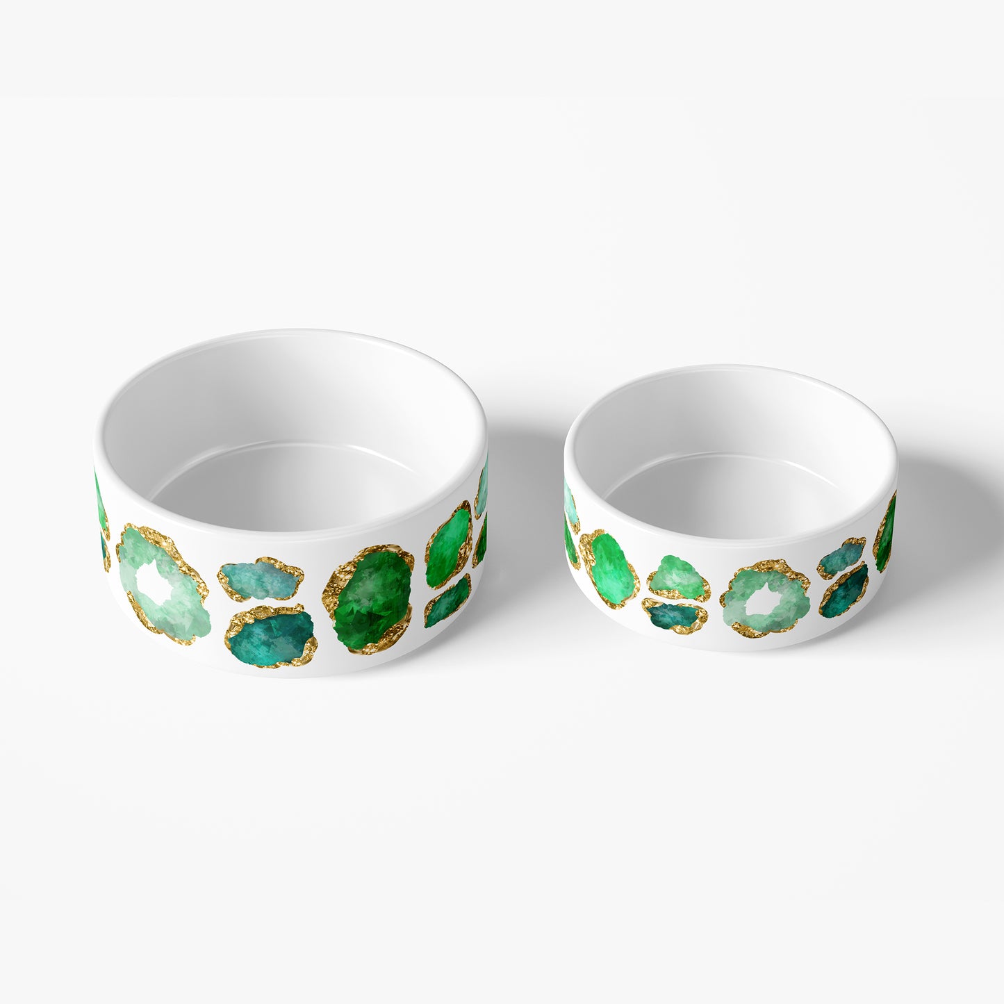 large and small ceramic pet bowls with green and white emerald gem stone print