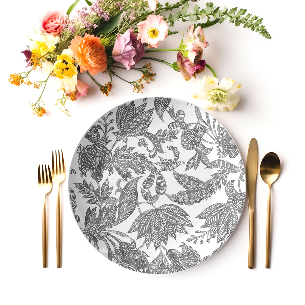 Botanical Plates, White & Black Floral Batik Print, Luxury Thermosaf Plastic, Choose Single or Set