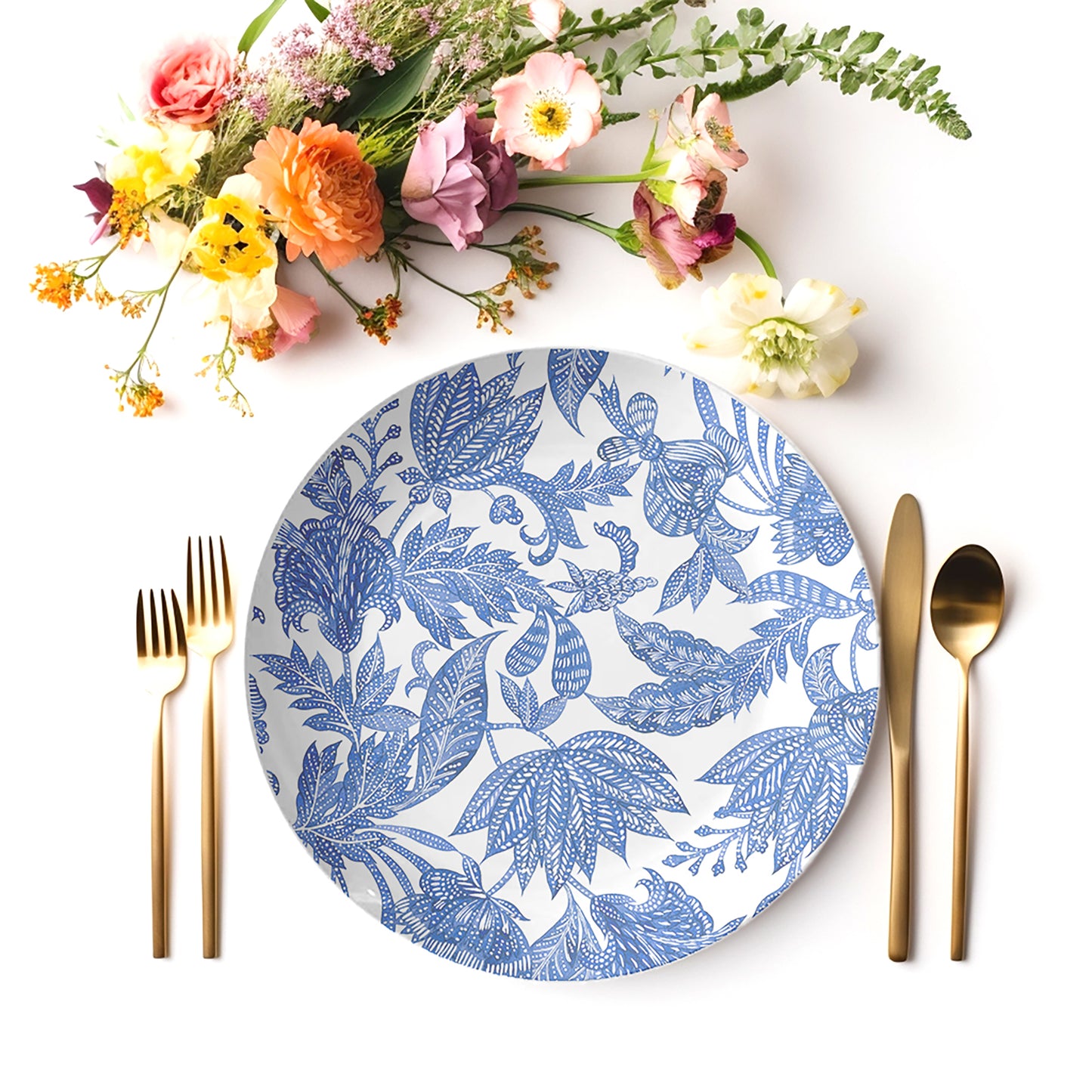 Botanical Plates, Set of 4, White & Blue Floral Batik Print, Luxury Thermosaf Plastic