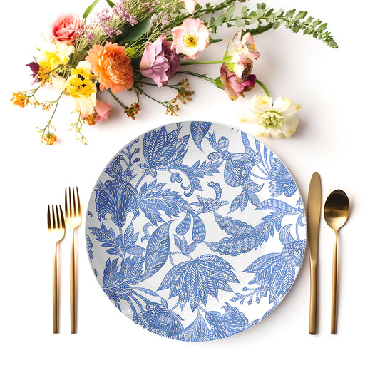 Botanical Plates, White & Blue Floral Batik Print, Luxury Thermosaf Plastic, Choose Single or Set