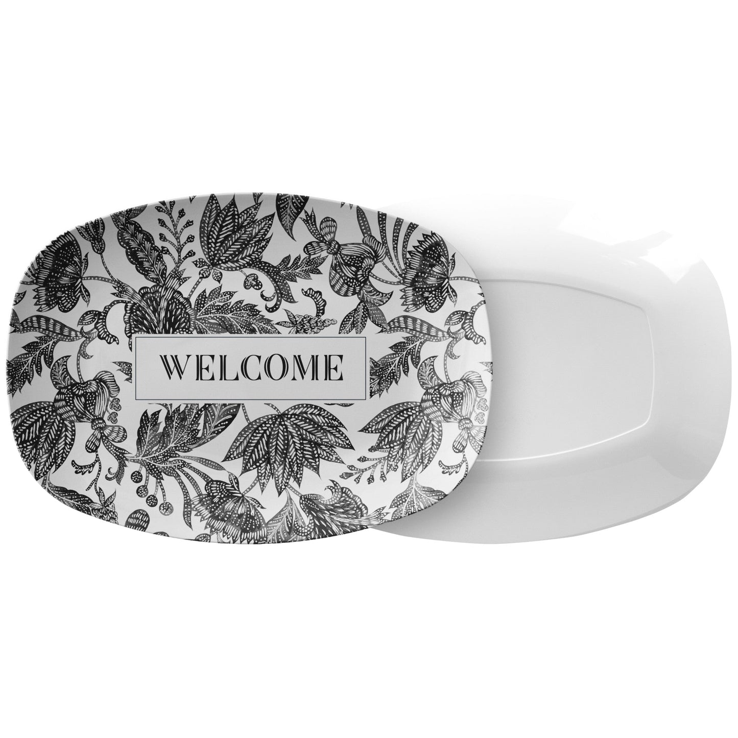 Personalized Serving Platter, Floral Batik, White and Black, Luxury Plastic