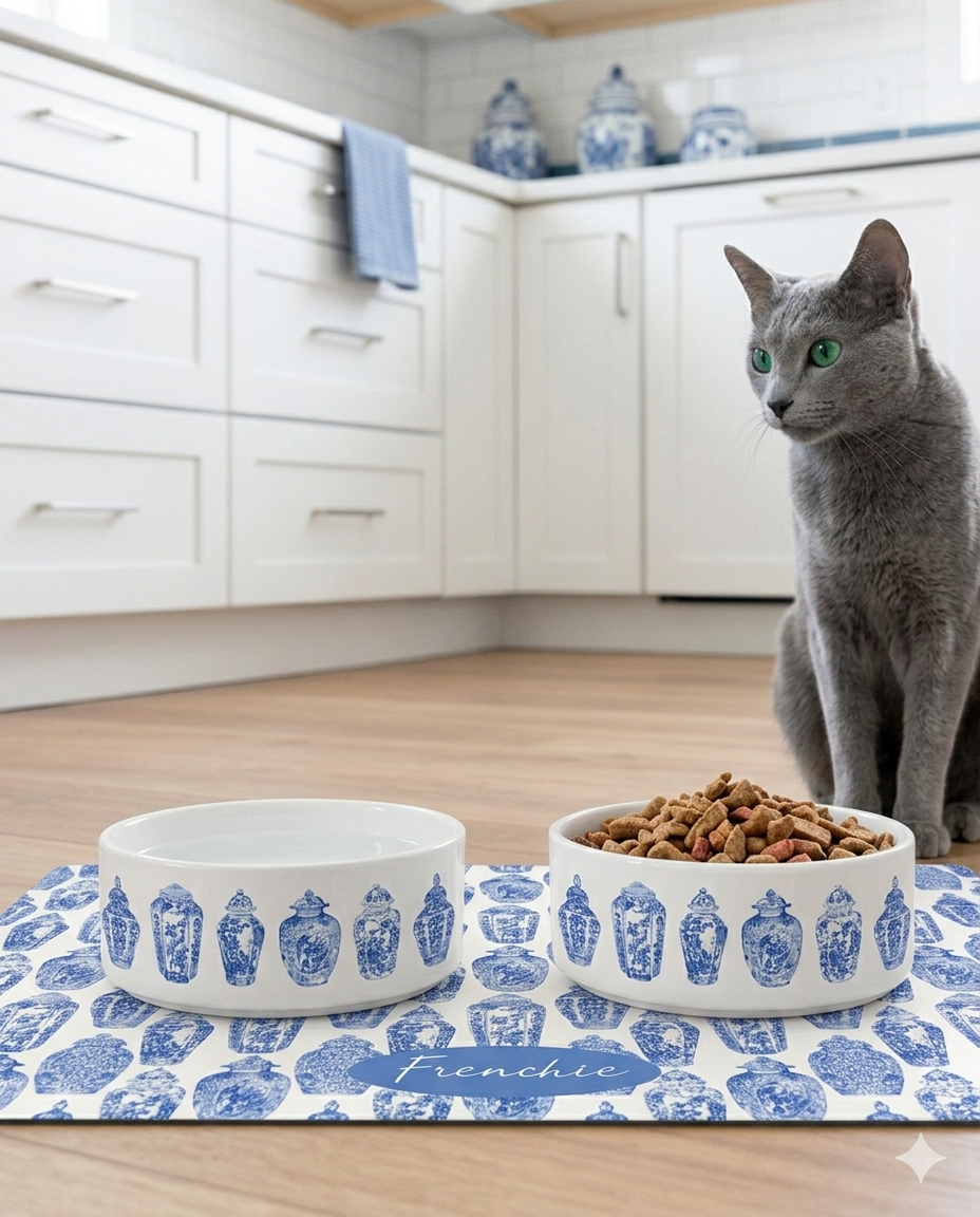 Personalized Pet Food Mat, Chinoiserie Ginger Jars, Blue & White