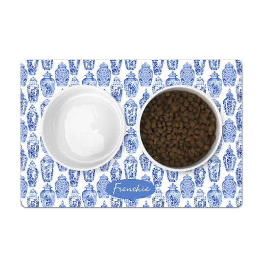 Pet Food Mat - Personalized Dog Bowl Mat or Cat Bowl Mat for food and water bowls with chinoiserie blue and white ginger jars pattern.