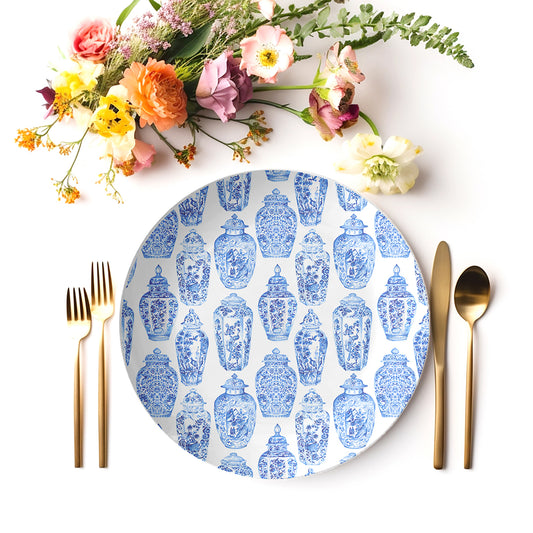 Chinoiserie Ginger Jar Plates, White & Blue, Microwave Safe Plastic Plates, Choose Single or Set