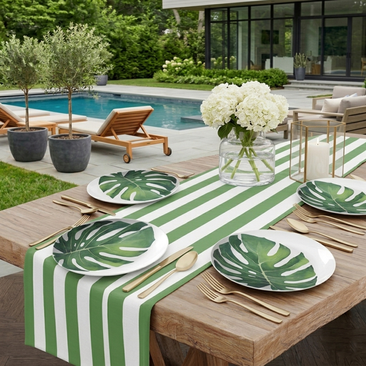 Outdoor dining setup with green and white striped tablecloth, monstera leaf-patterned plates, and a pool in the background.