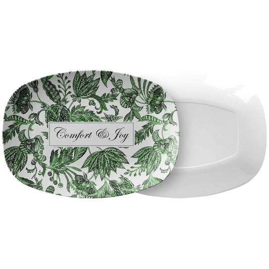 Personalized Serving Platter, Floral Batik, Green and White, Luxury Plastic