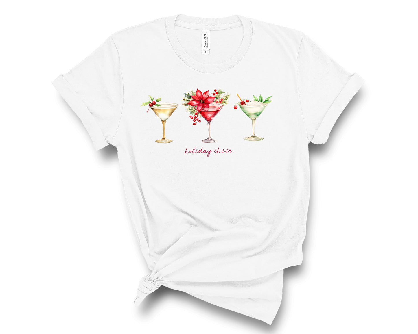 This chic tee features 3 gorgeous holiday inspired cocktails and says Holiday Cheer, perfect to wear during the holiday party season. Great gift idea for best friend, sister, mom, girlfriend, wife and more!