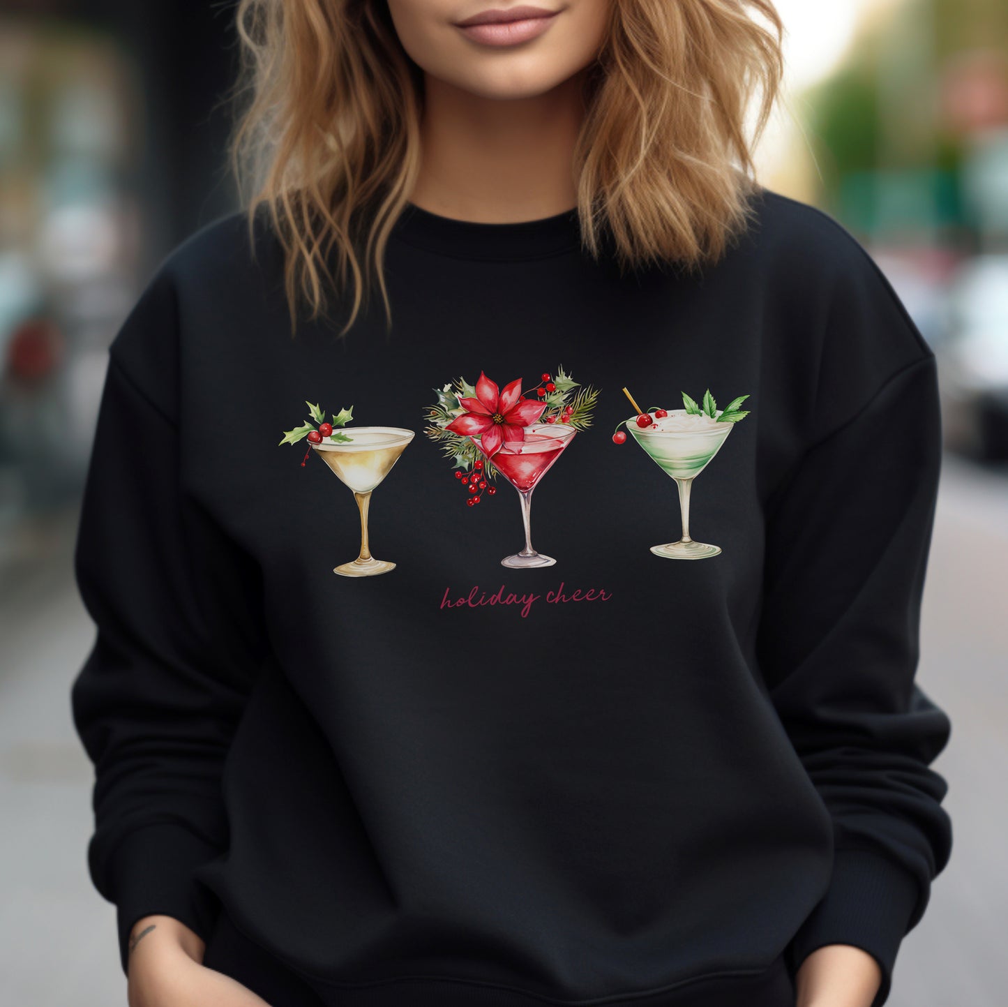 Three gorgeous Christmas cocktails and the words Holiday Cheer are printed on this cozy shirt. Long sleeve, crewneck sweatshirt. 