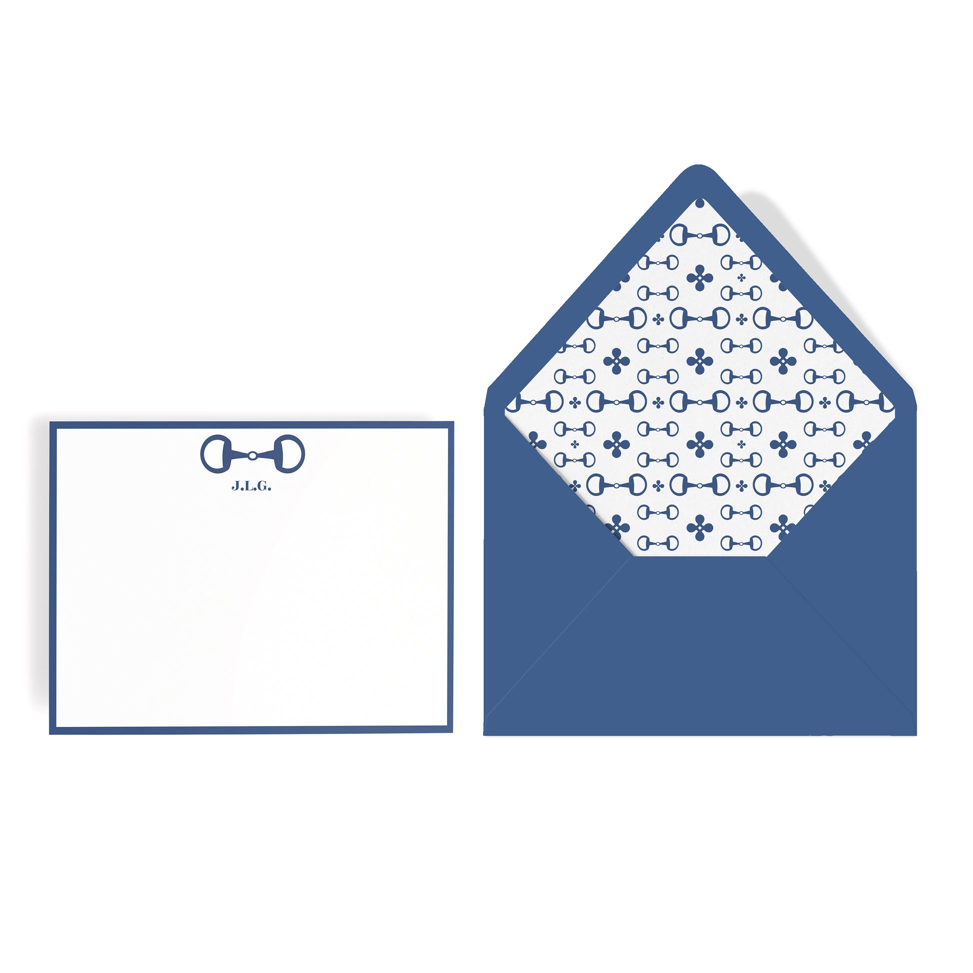 Equestrian horsebit stationery set in blue and white. Notecard with custom name monogram and border with matching envelope lined with baffle bit pattern.