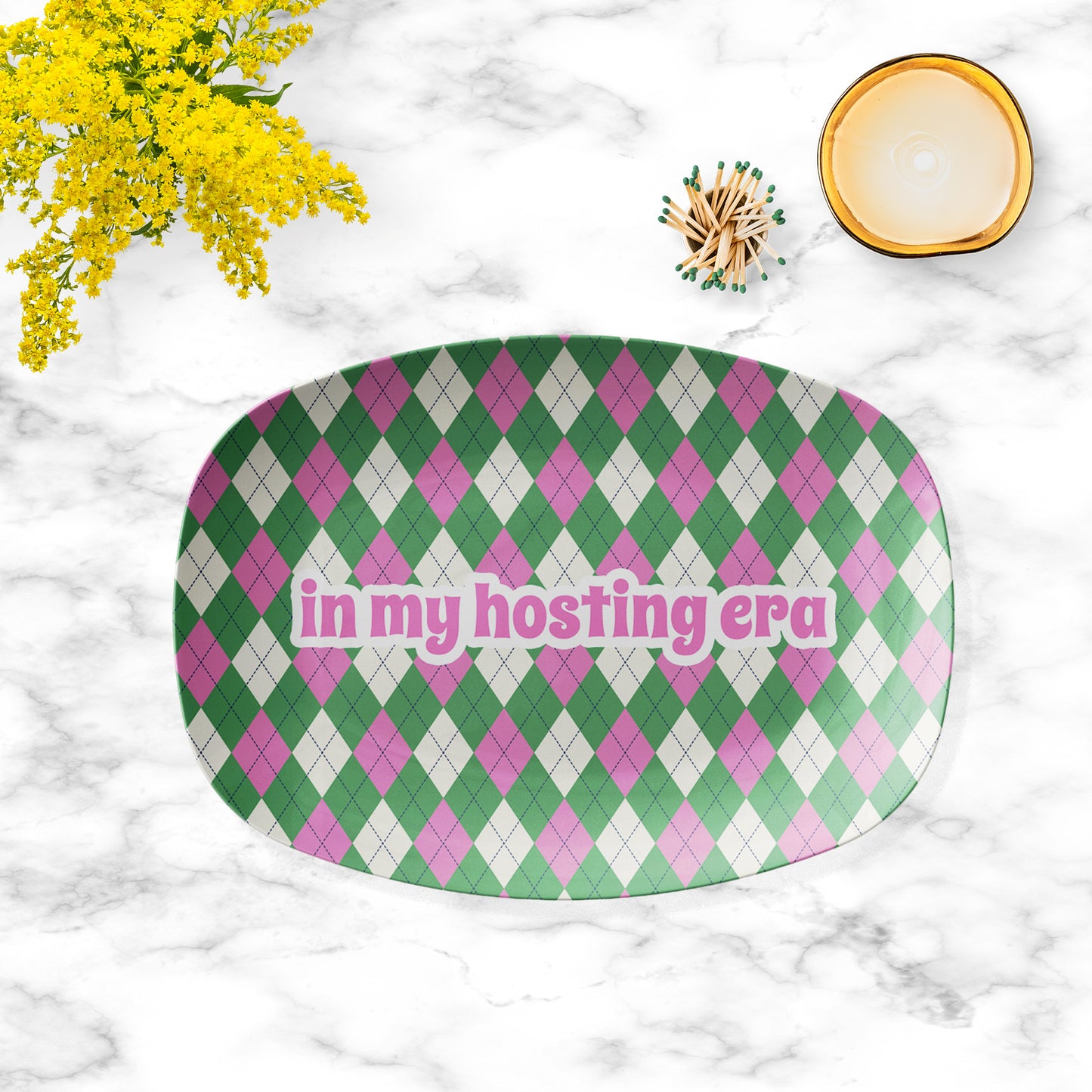 In My Hosting Era Argyle Serving Platter, Green/Pink, Luxury Plastic