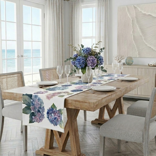 Hydrangeas Flower Table Runner, Blue and Pink