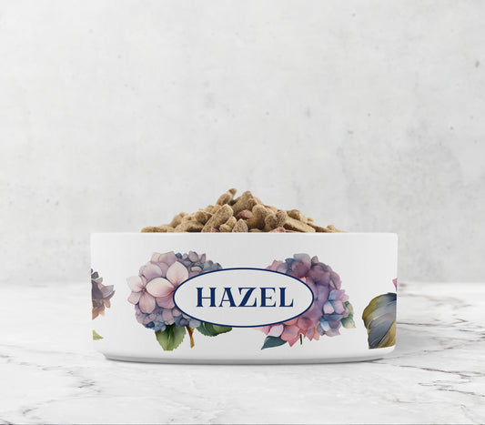 White pet bowl with hydrangea flower design and any text personalized