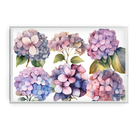 Pink hydrangea flower tray is 11 x 17 and has integrated cut out handles. Made from acrylic.