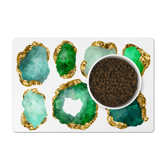 Pet feeding mat for your dog or cat has gorgeous green emerald and gold jeweled print.